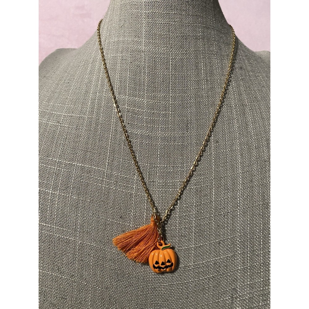 Pumpkin Halloween Charm W/ Orange Tassel Gold Necklace 20"L "Trick Or treat" NWT